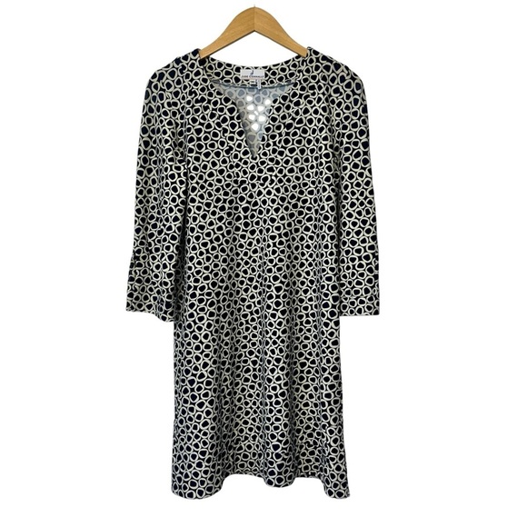 Jude Connally Medium MEGAN Tunic DRESS Blue Print  3/4 SLEEVES V-Neck Stretch - Picture 3 of 12